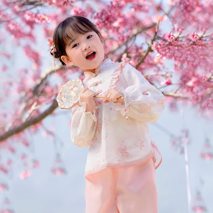 萌乎【锦瑟】春款中式唐装长袖裤子女童儿童国风汉服套装-241249