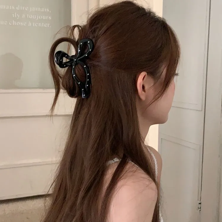 黑白波点飘带蝴蝶结抓夹高级感百搭鲨鱼夹盘发夹子发爪优雅发饰品