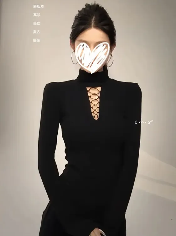 镂空立领性感长袖T恤德绒秋冬保暖修身显瘦黑色辣妹纯欲风打底衫