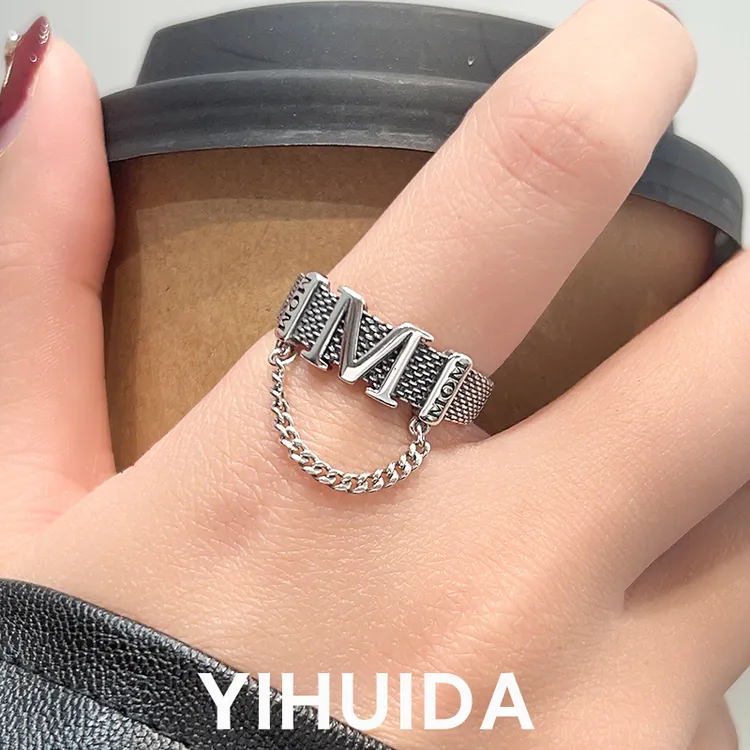 925银戒指 s925银冷淡风时尚简约大气字母M链条戒指2025年新款