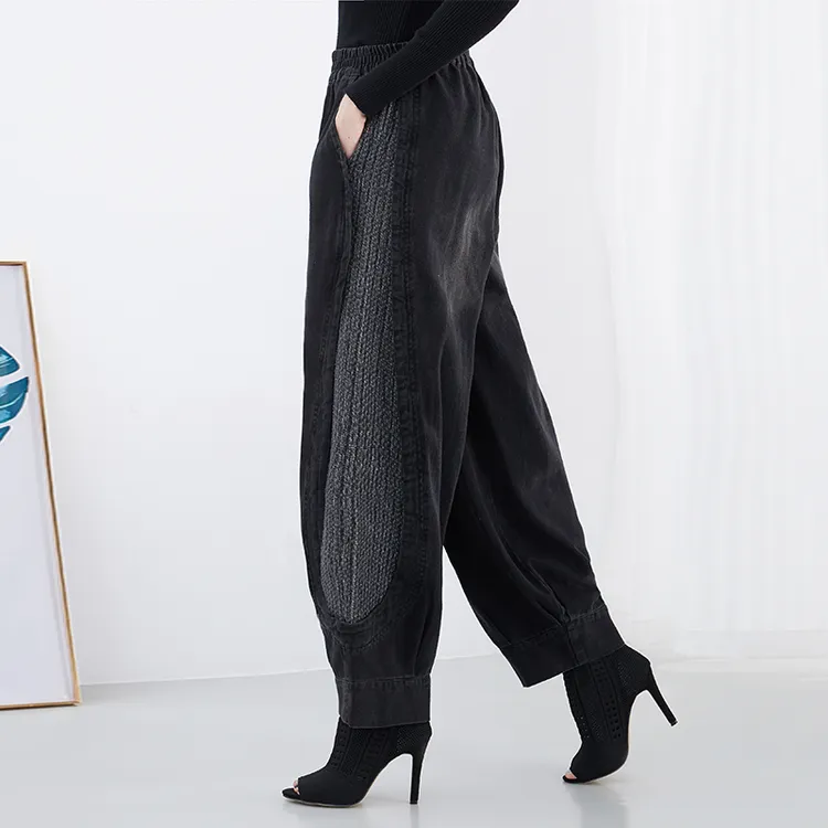 大码胖妈妈哈伦阔腿牛仔灯笼裤女2025秋冬加绒宽松舒适休闲萝卜裤
