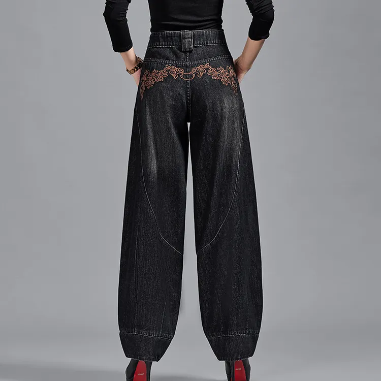 春秋新款高腰刺绣花牛仔裤女灯笼裤女阔腿长裤萝卜裤宽松休闲时尚