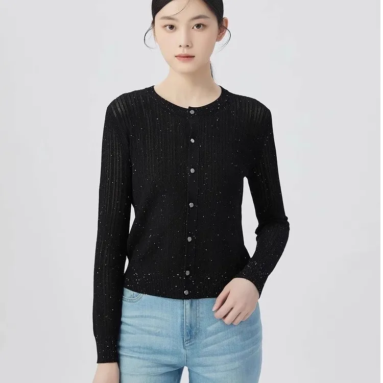 哥弟阿玛施正秋季新款百搭圆领镂空星空亮片长袖针织开衫1499192
