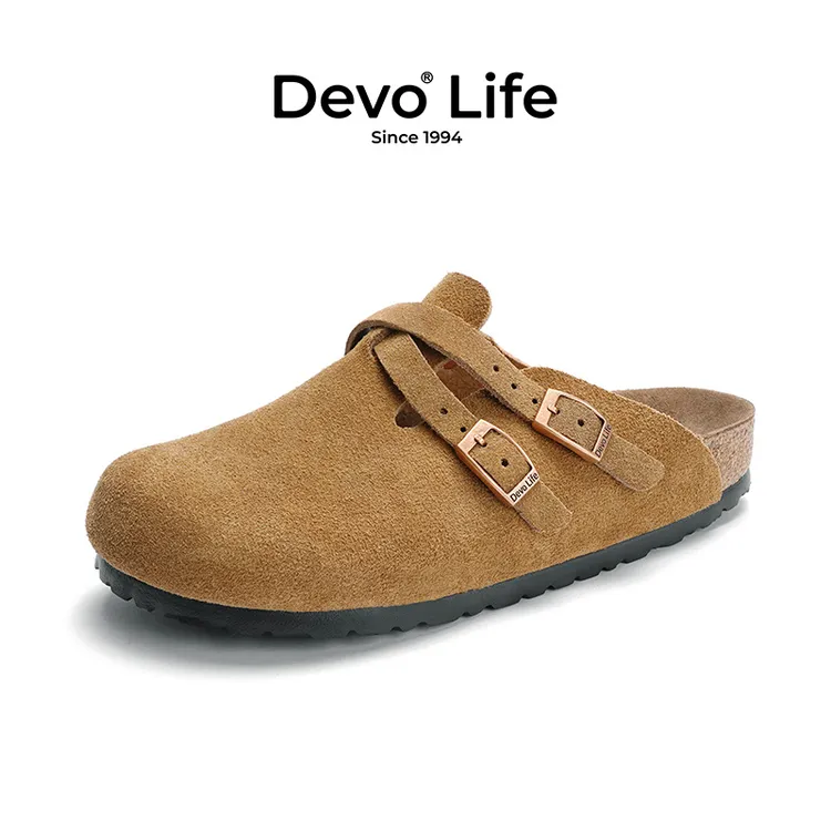 Devo/的沃勃肯鞋女款软木包头绒面交叉扣反绒复古百搭潮拖鞋23035