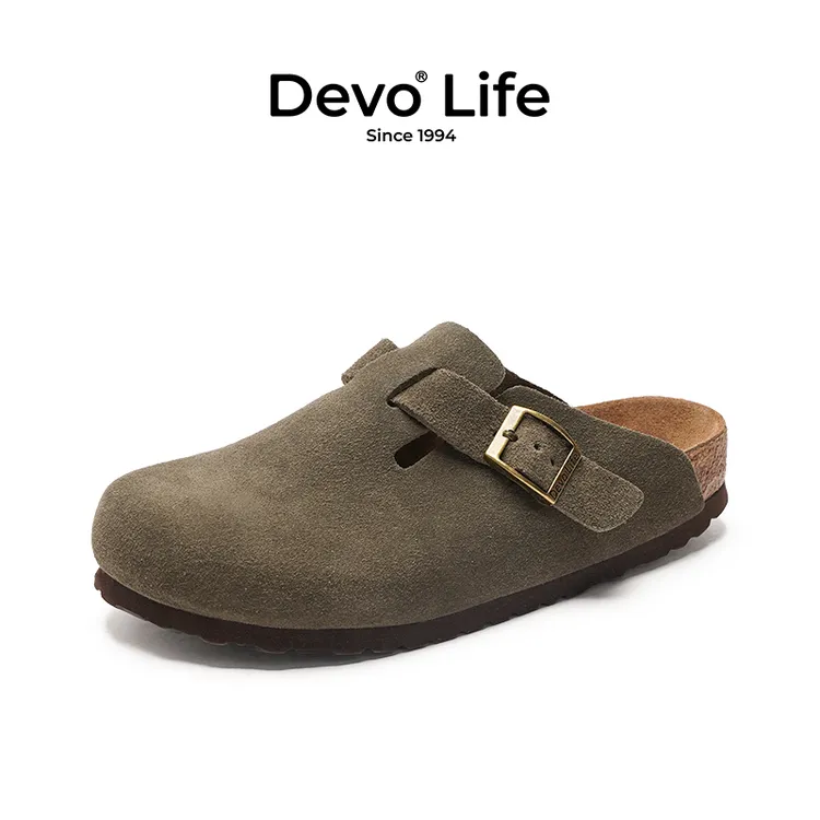 Devo/的沃勃肯鞋女款软木拖鞋包头半包反绒绒面百搭时尚女鞋3624