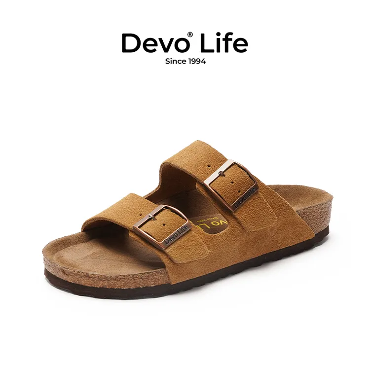 Devo/的沃勃肯鞋女款软木鞋舒适情侣绒面透气搭扣一字拖鞋2618