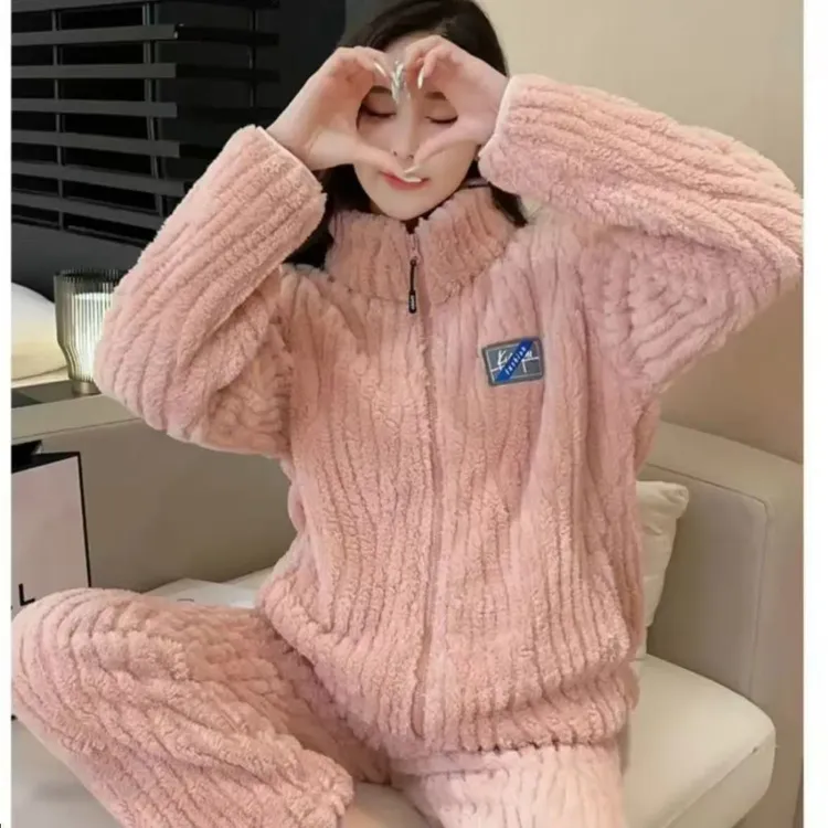 【加绒加厚】秋冬家居服贴身穿睡衣休闲时尚保暖情侣款拉链套装
