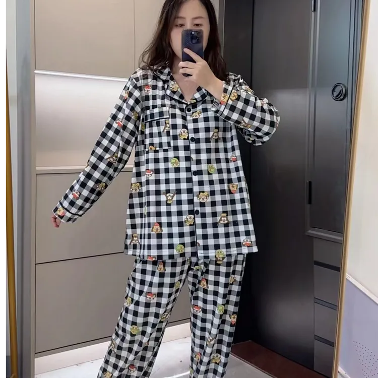 2025秋季新款睡衣女套装大码长袖长裤格子情侣装睡衣宽松大码胖MM