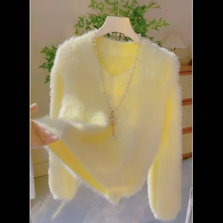 软糯宽松版温柔V领春秋款水貂绒慵懒高弹亲肤甜美可爱女针织毛衣