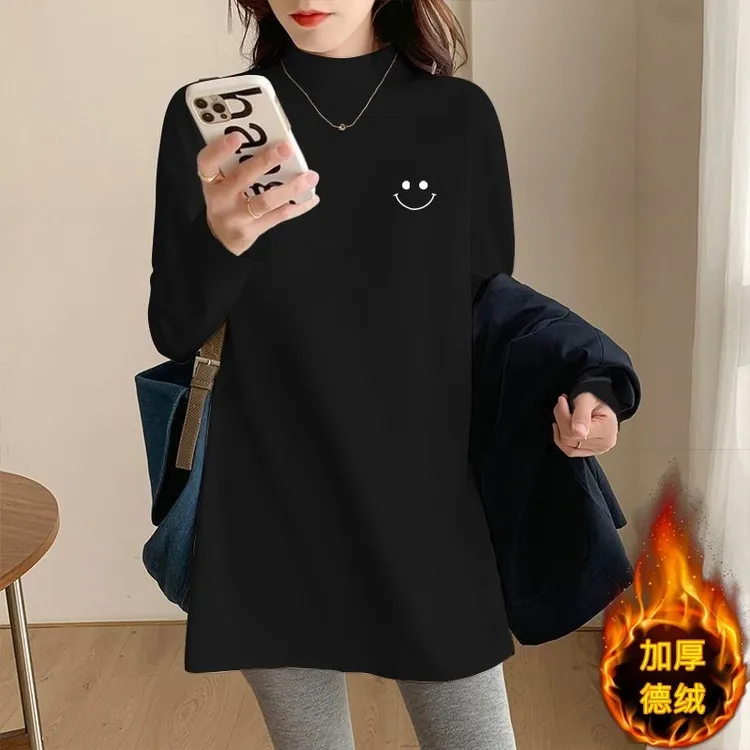 半高领德绒中长款打底衫女春秋加绒加厚遮屁股长袖百搭t恤冬季潮