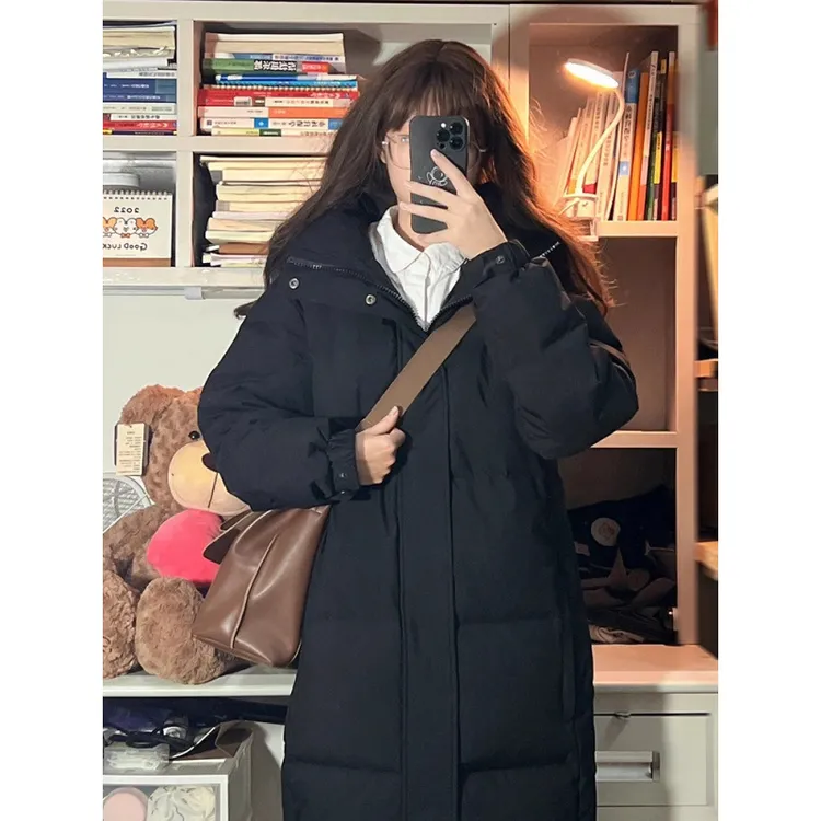 2025年冬季新款中戏艺考羽绒服女长款过膝黑色宽松加厚白鸭绒外套