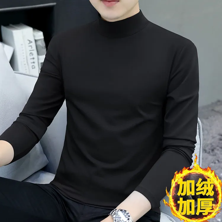 加绒男装男士半高领打底衫秋冬季纯色中领保暖上衣中青年打底冬装