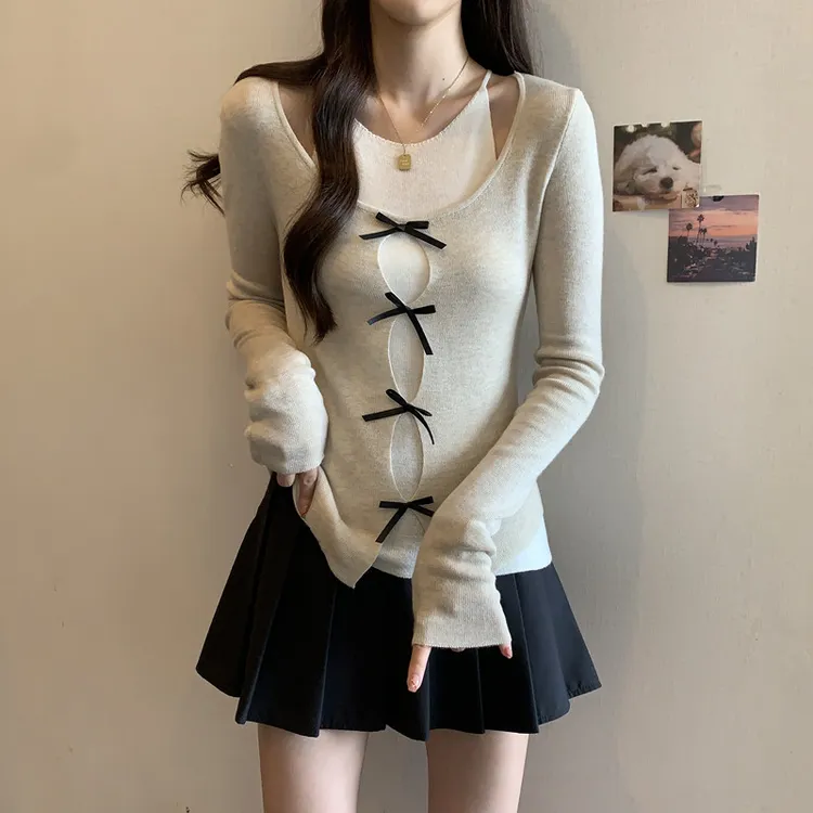 假两件蝴蝶结露肩长袖t恤秋冬打底衫大码女装胖妹妹修身显瘦上衣