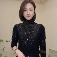 秋冬新款半高领洋气烫钻T恤时尚百搭设计感长袖气质简约女士小衫