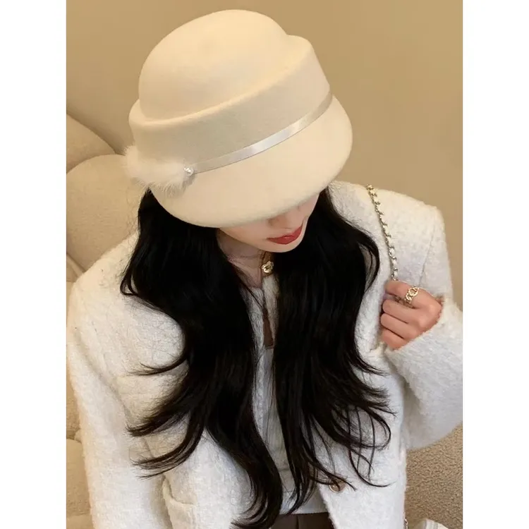 帽子女秋冬英伦羊毛呢贝雷帽复古百搭貂绒珍珠装饰鸭舌小礼帽潮