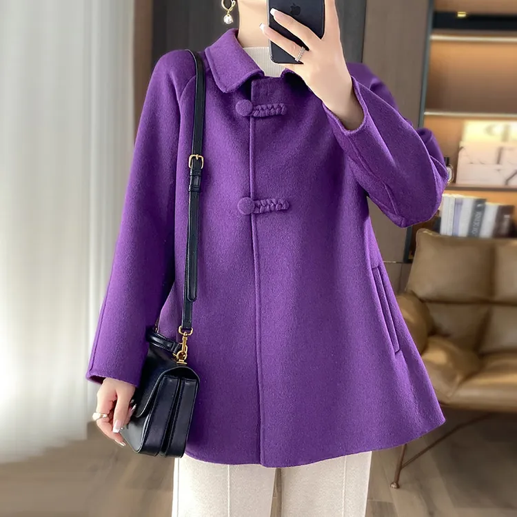 紫色双面羊毛大衣女2024冬季新款时尚小个子宽松休闲加厚毛呢气质