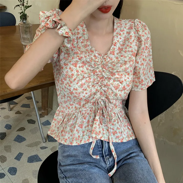 【原版做工】甜美小清新超仙设计感蓝色小碎花宽松显瘦短袖女夏上