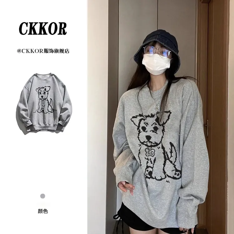 CKKOR美式学院风时尚潮牌ins风圆领上衣女春秋款韩版宽松显瘦卫衣