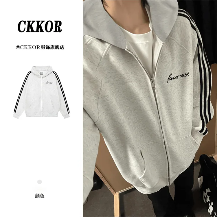 CKKOR春秋新款潮牌连帽衫卫衣男女情侣款美式三杠时尚ins长袖外套