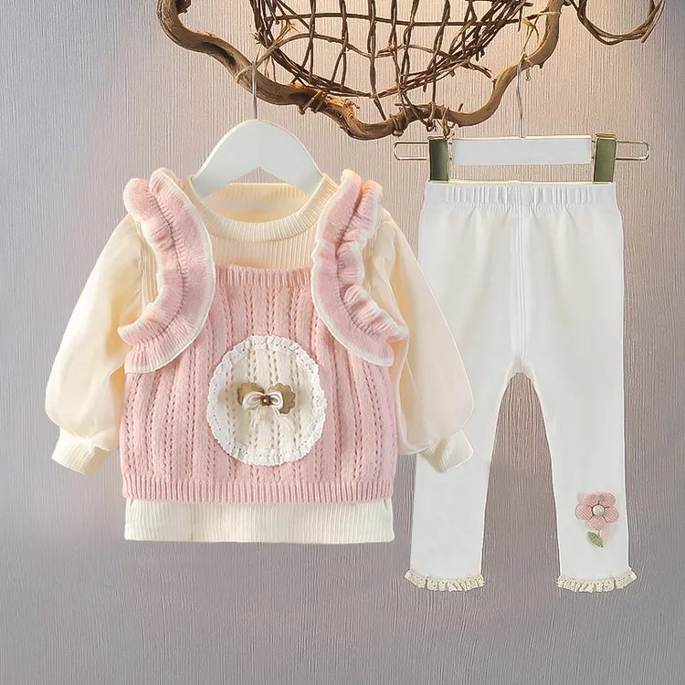 女童花朵毛衣儿童打底衫新款女宝宝套装洋气韩版婴幼儿上衣三件套