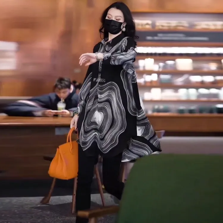 时尚衬衫2024夏季新款复古印花气质小衫显瘦百搭国风大码宽松长袖