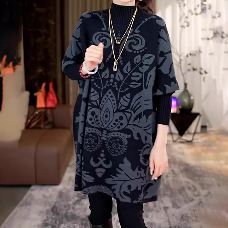 秋冬时尚毛衣大码宽松针织提花中长款加厚气质长袖洋气休闲百搭