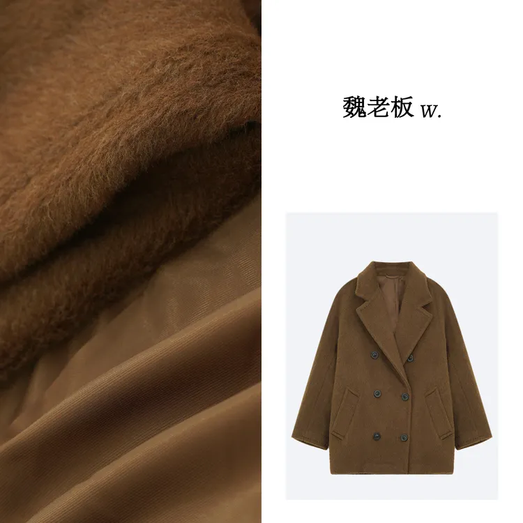 W.Diva【流转】羊驼毛+绵羊毛身双排扣六粒扣品质短款大衣4C27382YT