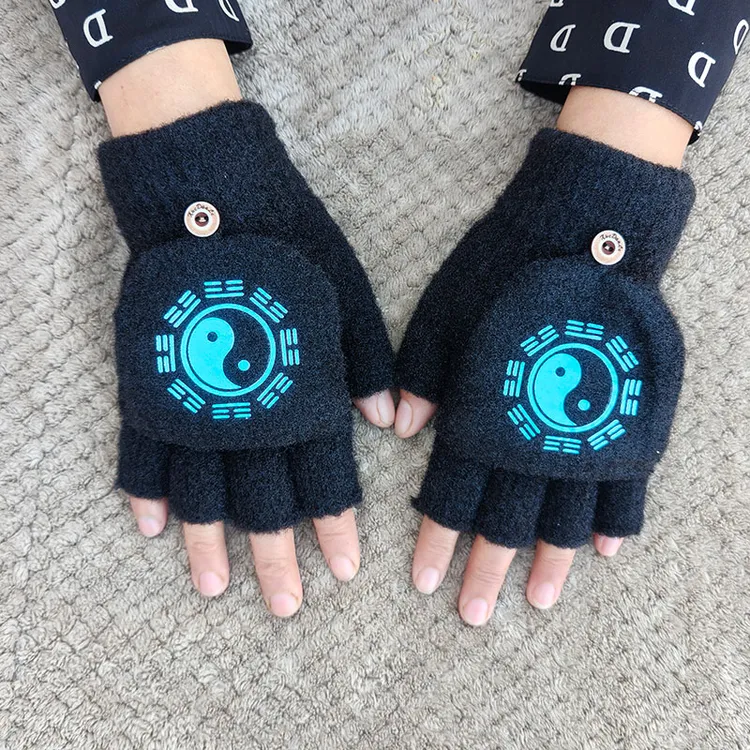 冬季学生手套男翻盖加厚写字防寒骑行半指中大童保暖手套女冬发光