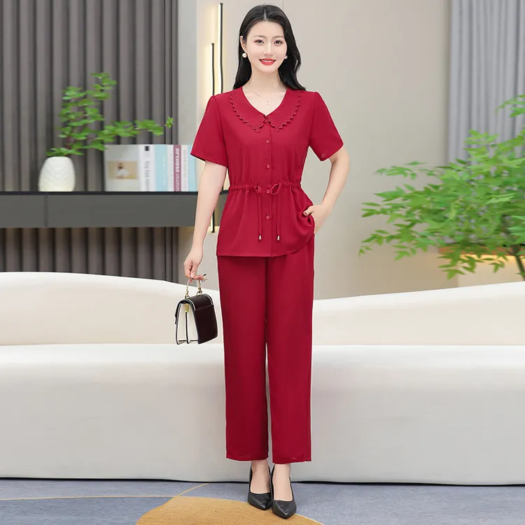 时尚新款气质高贵娃娃领套装女洋气中年妈妈装短袖上衣长裤两件套