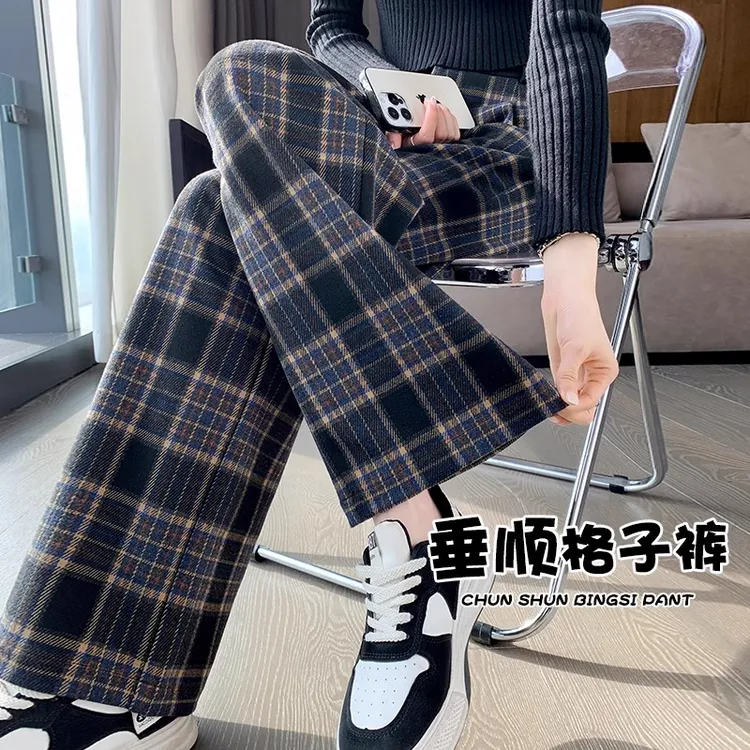 格子毛呢阔腿裤女秋冬高腰加绒垂感休闲窄版直筒高级感复古拖地裤