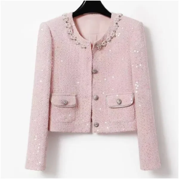 0850晗丽优雅气质千金重工钉珠高级感小香风外套粉色减龄甜美外套