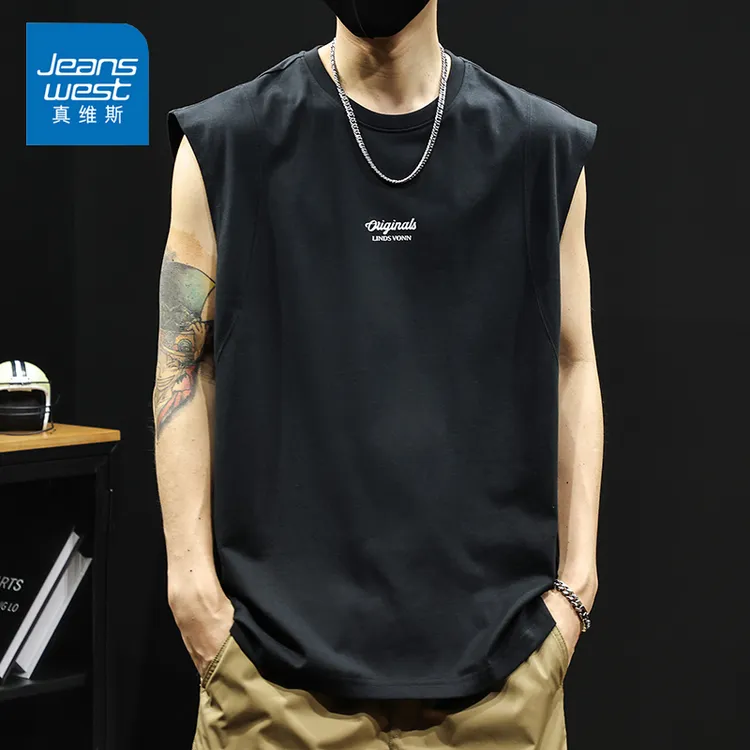 Jeanswest/真维斯美式潮流运动背心夏季薄款健身休闲纯棉无袖T恤