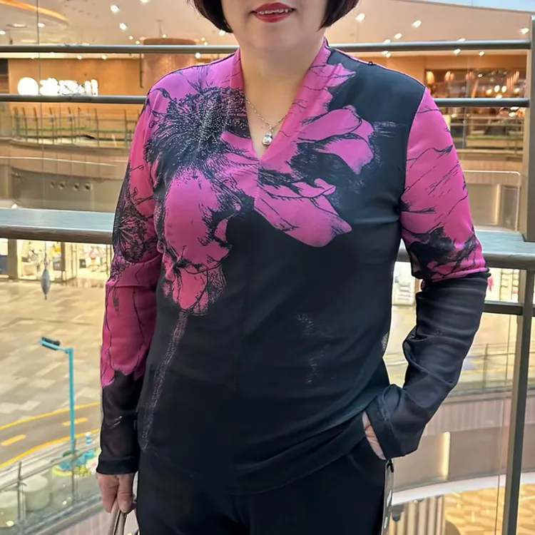 5479大码女装春秋弹力网纱印花上衣胖妈妈洋气休闲百搭长袖打底衫