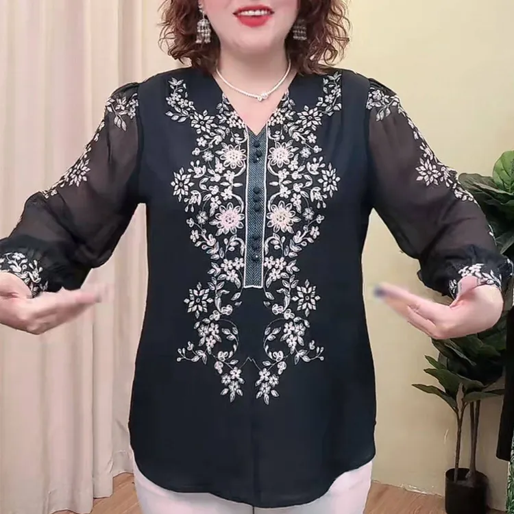 5429大码女装衬衫春秋新款琉璃双皱丝显瘦洋气印花小衫雪纺衫上衣