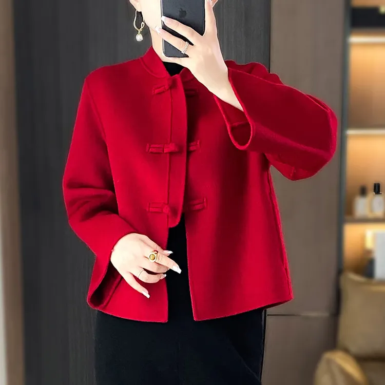 MZ.秋冬新中式复古盘扣100%纯羊毛大衣短款手工双面呢外套QZ6216