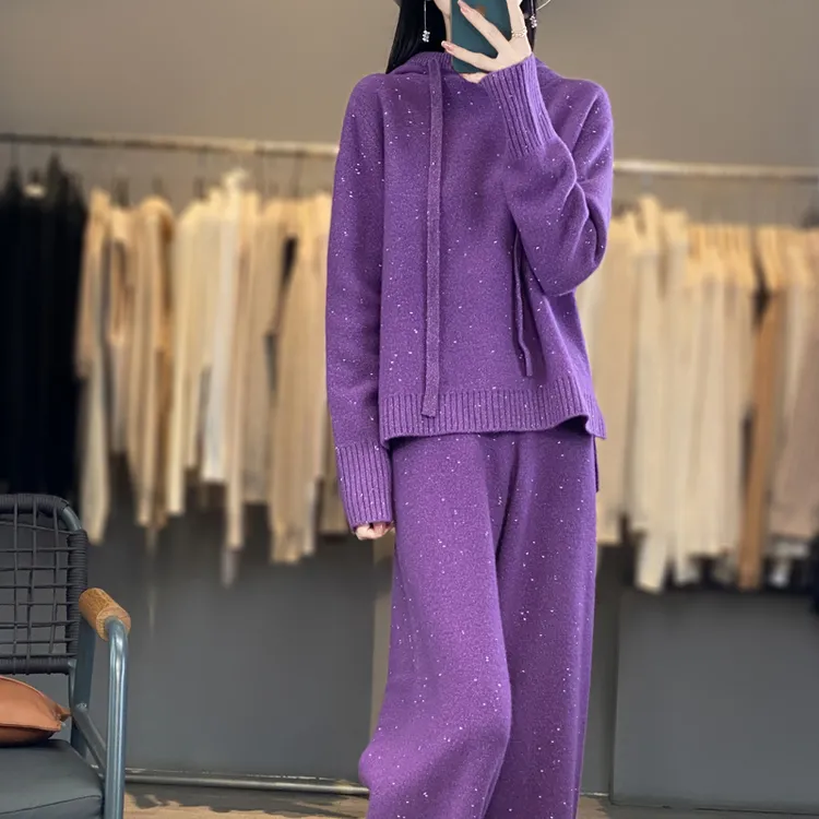 MZ.秋冬加厚金银豆休闲连帽100%羊毛衫套装羊毛针织两件套WZ-807