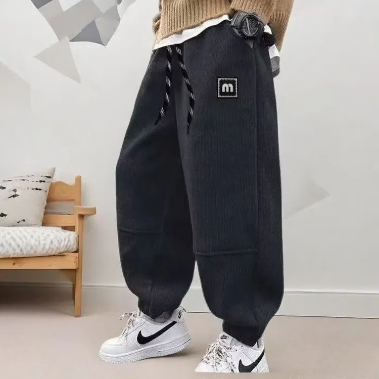 男孩加绒裤子秋冬季儿童长裤2025新款中大童休闲裤男孩帅气运动裤