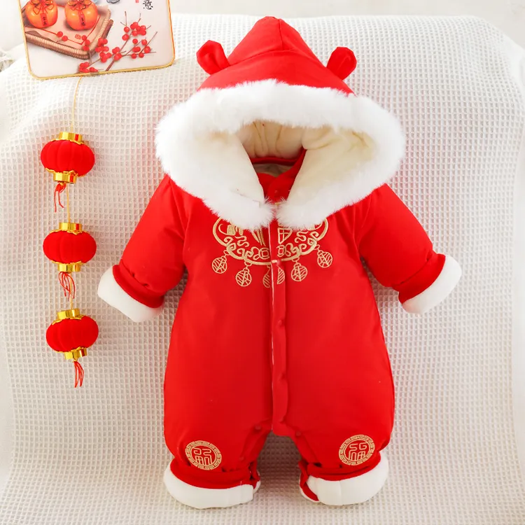 婴儿冬季加厚连体衣加绒宝宝百天满月拜年服婴儿红色衣服宝宝棉服