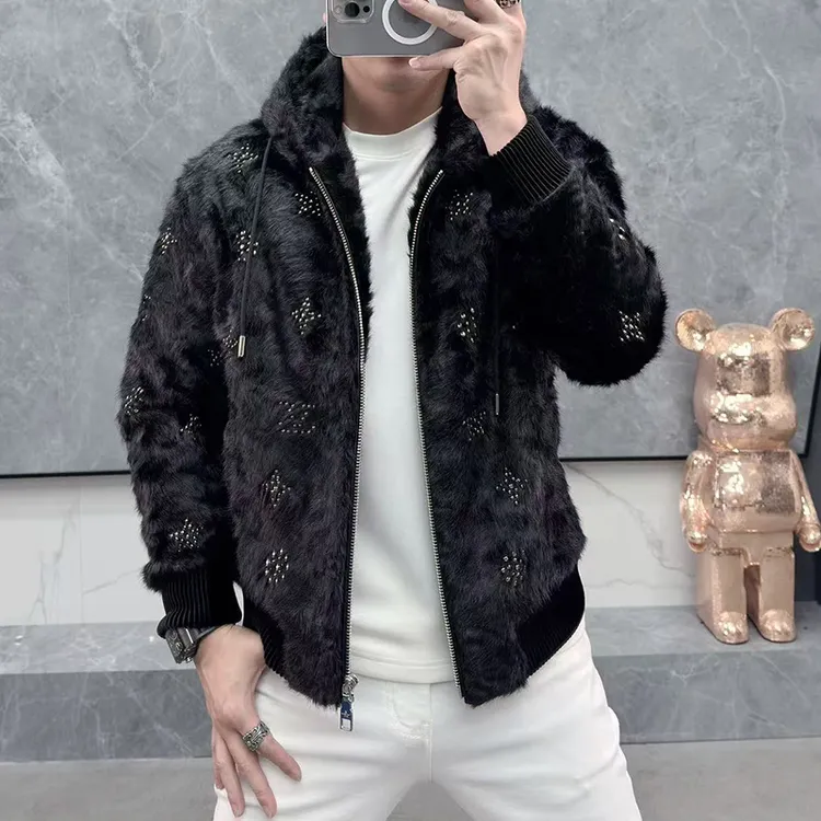 欧洲站新款男士仿貂绒外套冬季帅气时尚铆钉修身短款连帽夹克男潮