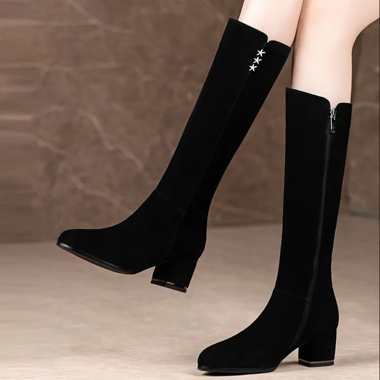 磨砂软皮不过膝长筒靴女粗跟2025冬季新款圆头中跟长靴子加绒女靴