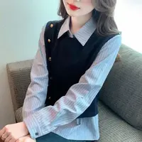 【Z10】春秋新款假两件竖条纹衬衫女韩版大码宽松百搭时尚洋气上衣