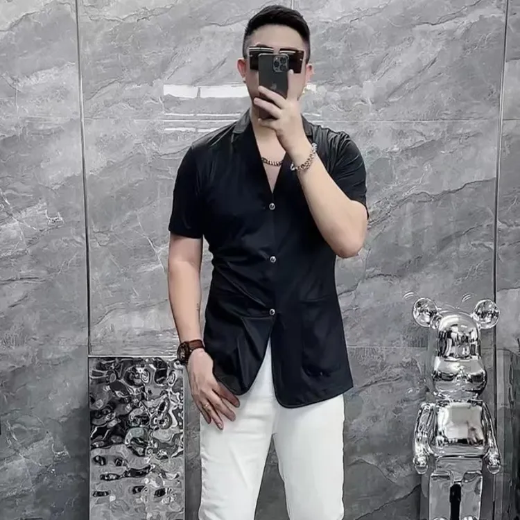 夏季商务男士轻奢高品质短袖西服丝滑缎面纯色休闲百搭半袖上衣