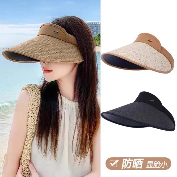 空顶防晒帽女夏季防紫外线沙滩遮阳草帽骑车遮脸太阳帽显脸小帽子
