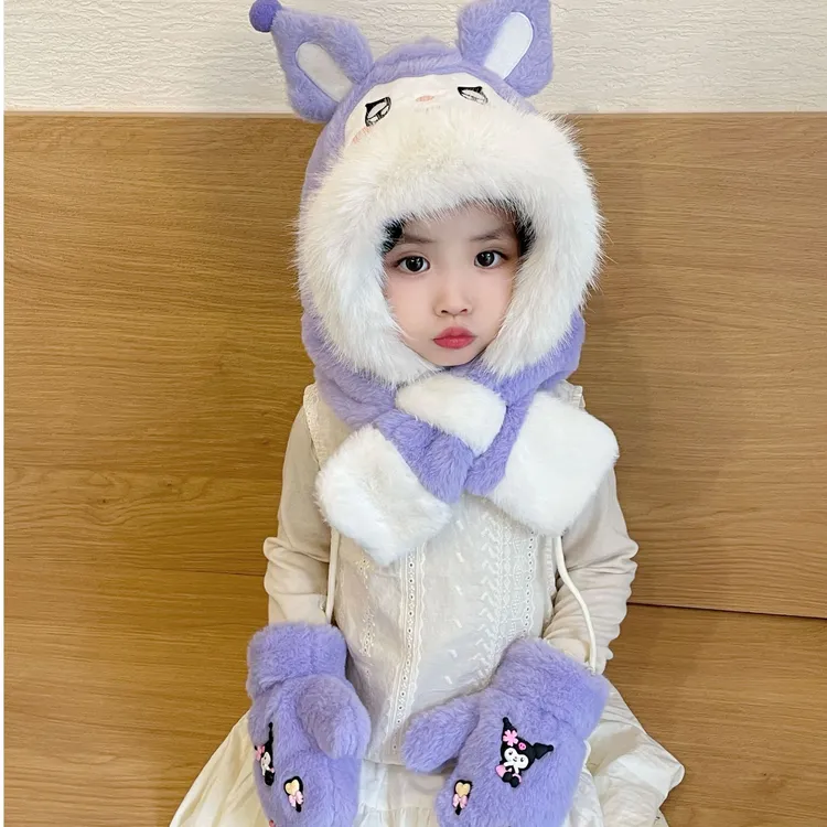 冬季儿童帽子围巾二合一加手套套装女孩可爱户外保暖宝宝毛绒护耳