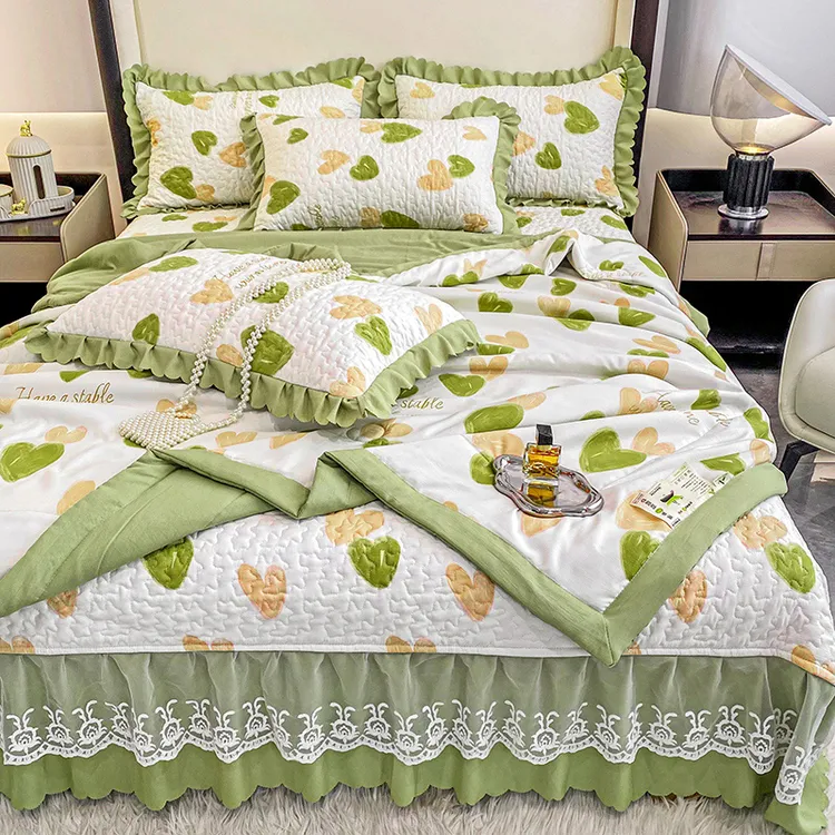 2023新款A类水洗棉麻夏被床盖四件套蕾丝夹棉床裙款被套床盖