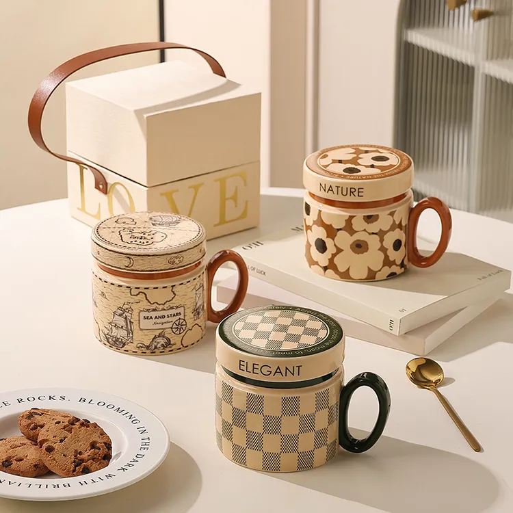 复古马克杯小众设计感杯子礼盒伴手礼物办公室带盖水杯陶瓷情侣杯