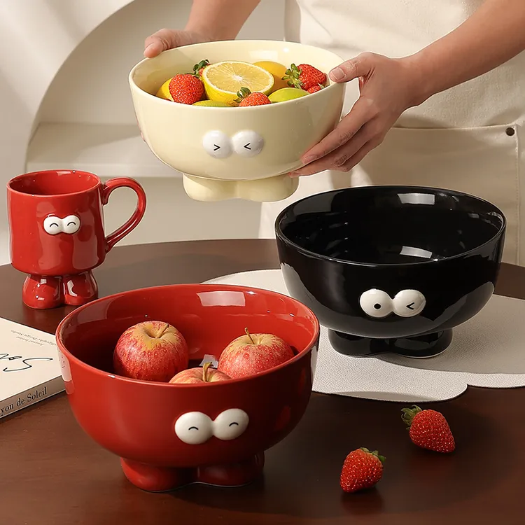 可爱表情emoji水果盘客厅家用茶几干果糖果零食盘高脚碗陶瓷果盆