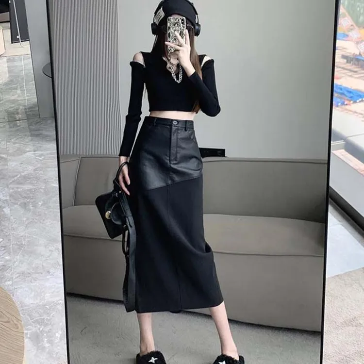 美式PU皮裙半身裙秋冬高腰气质拼接中长款一步裙显瘦包臀开叉长裙