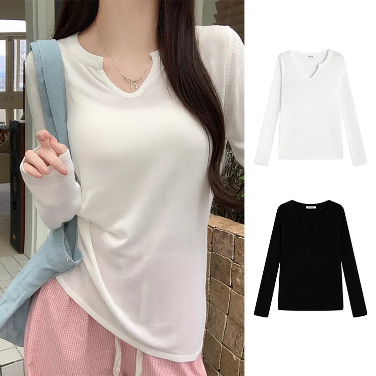 Moses Queen/魔西女王V领针织衫薄款防晒长袖罩衫空调衫奶白色T恤