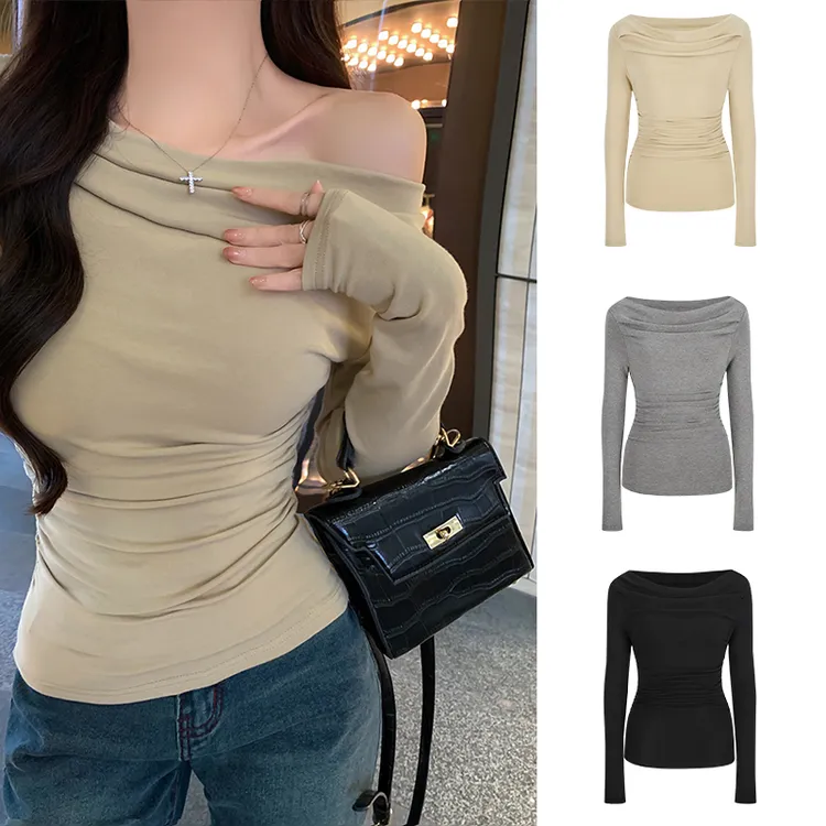 Moses Queen/魔西女王荡领斜肩t恤女长袖抽褶显瘦一字肩露肩上衣